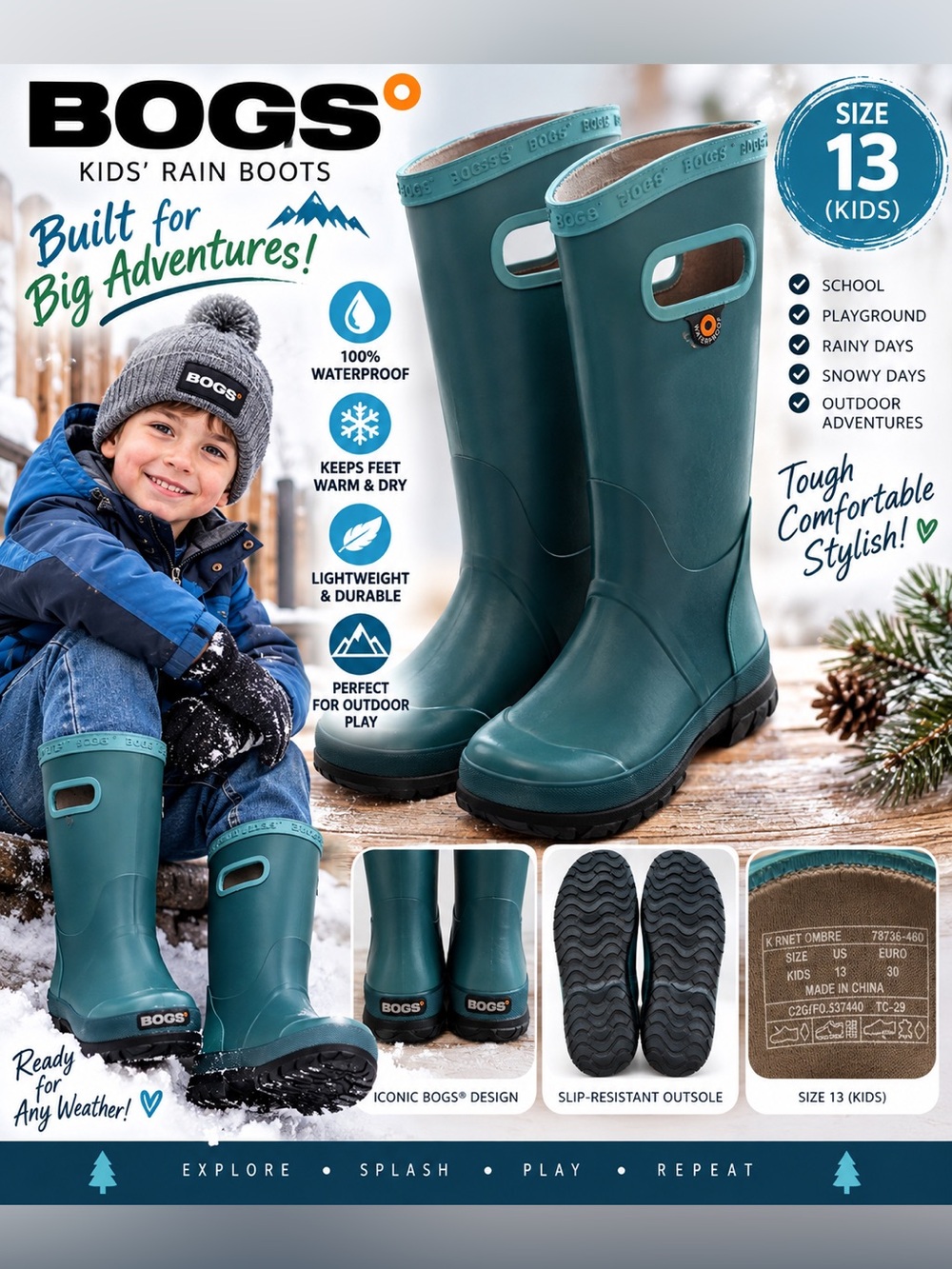 BOGS Kids Rain Boots Size 13 Waterproof Tall Rubber Boots Teal Blue